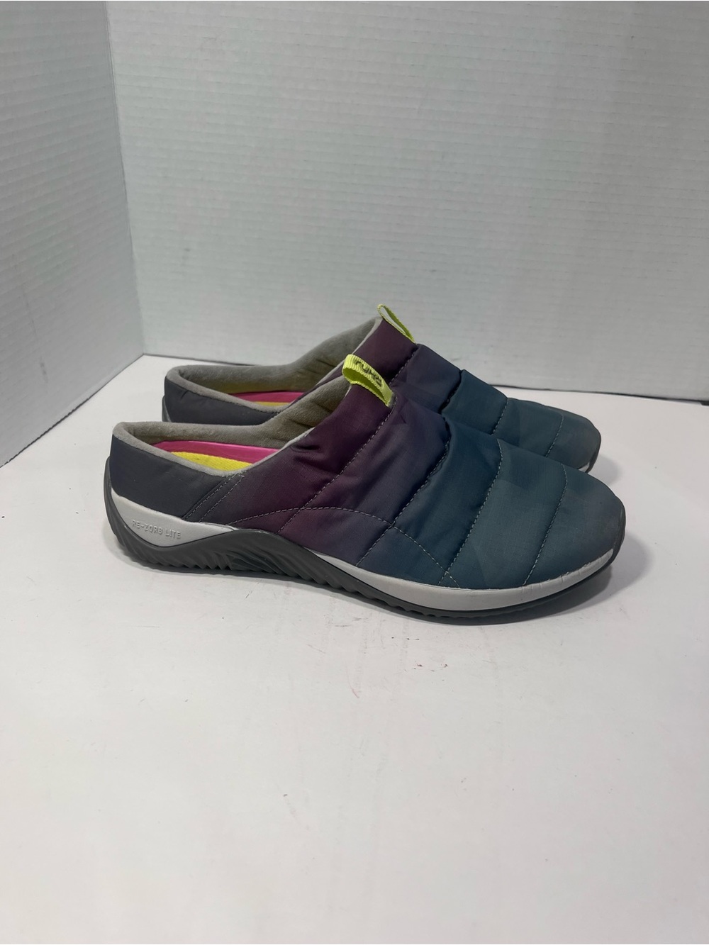 Ryka Quilted Slip-On Mules in Teal and Purple with Lime Accents